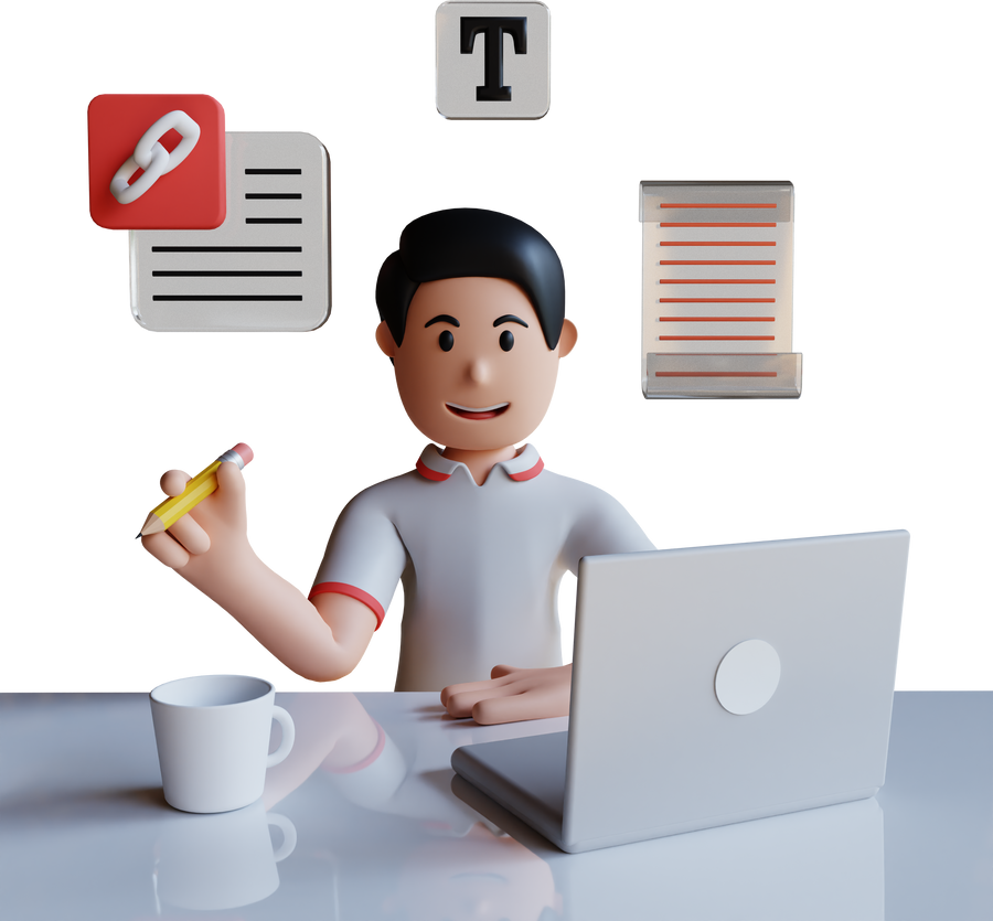 3D illustration Writer at Table with Laptop and Drink Cup